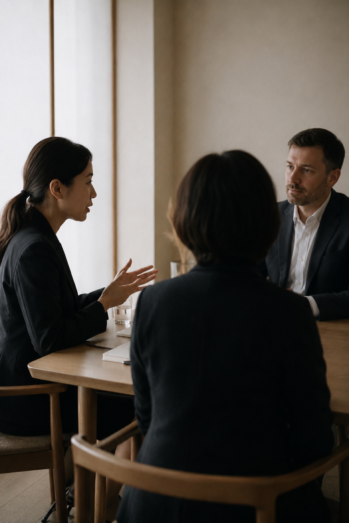 静かな商談の場での通訳