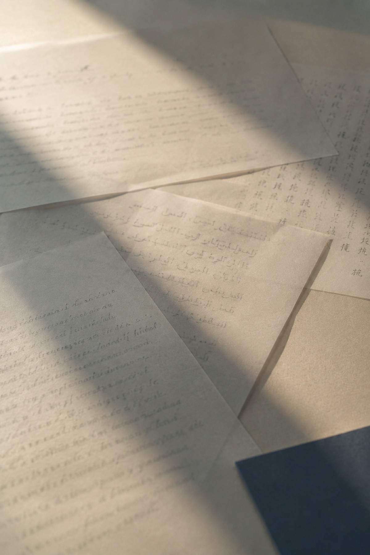 異なる言語で書かれた紙が重なりあう
