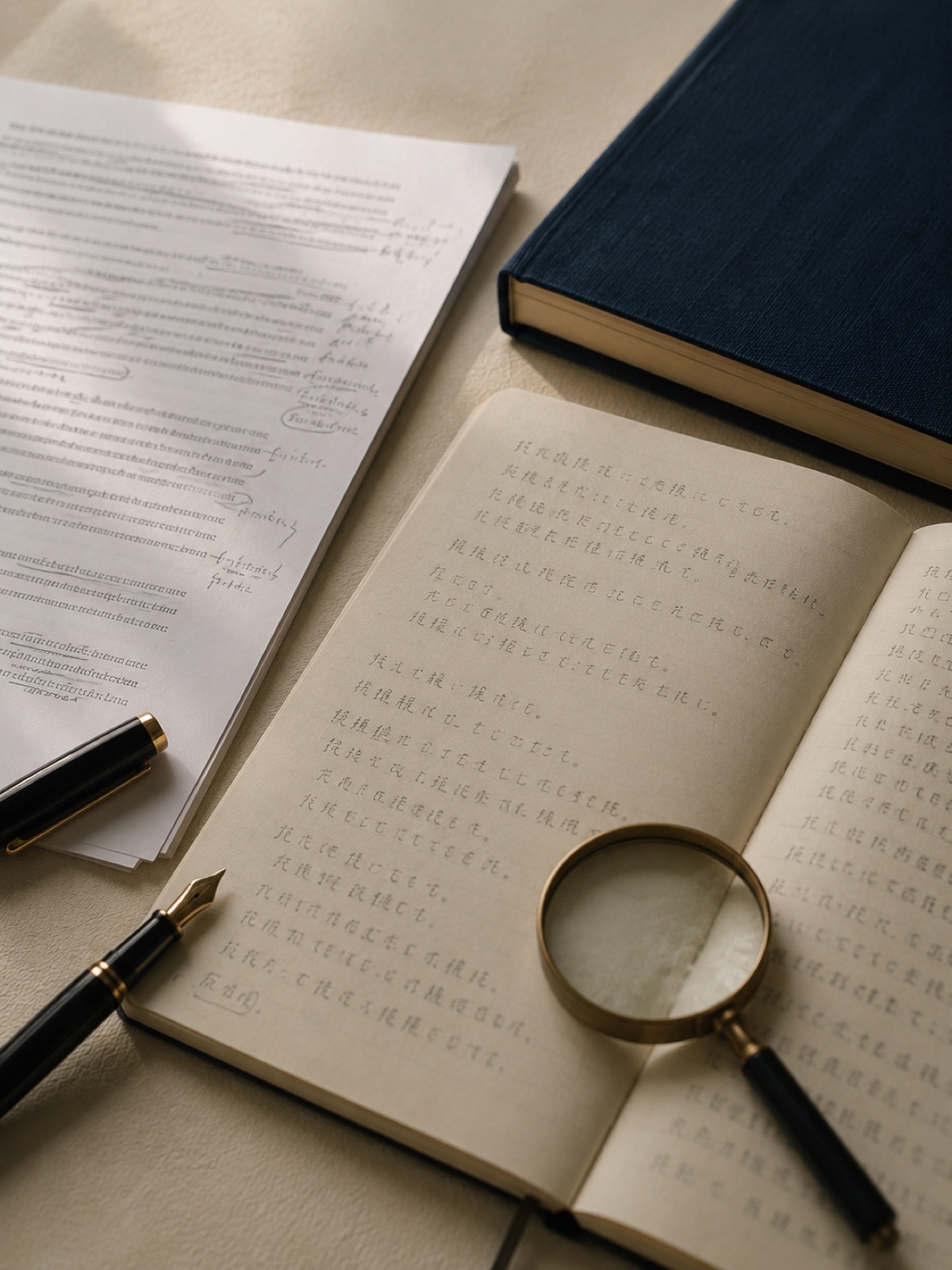 原文と手書きの訳注、辞書と拡大鏡